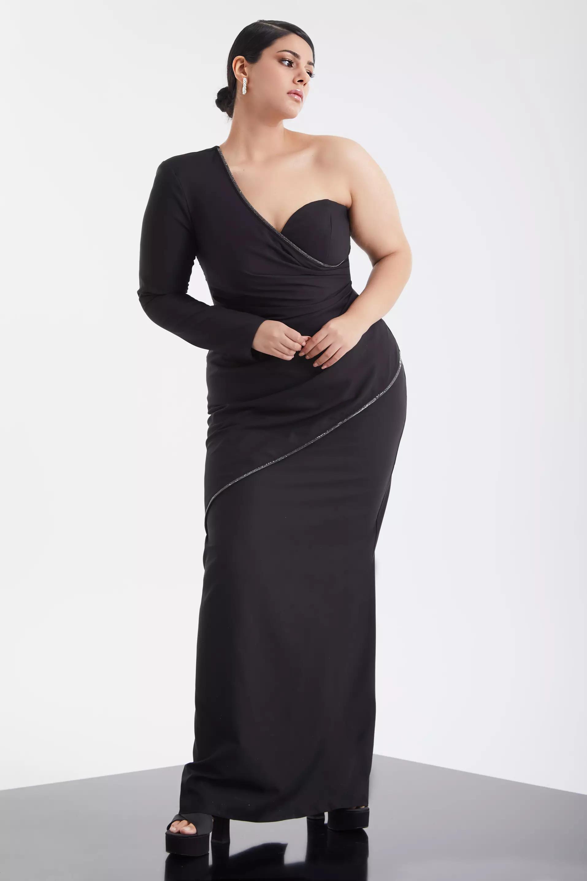 Black plus size crepe one arm maxi dress