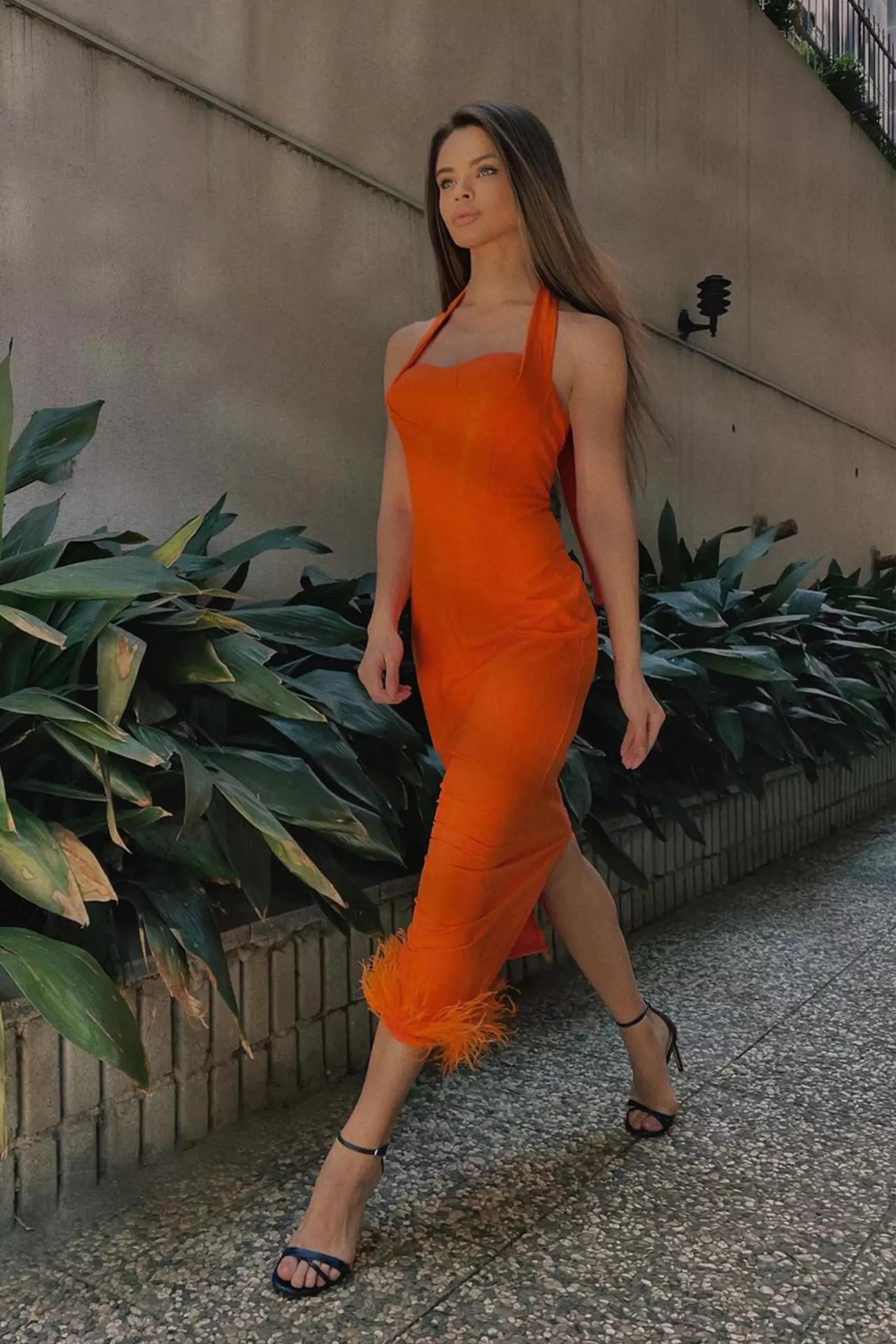 Orange crepe sleeveless midi dress