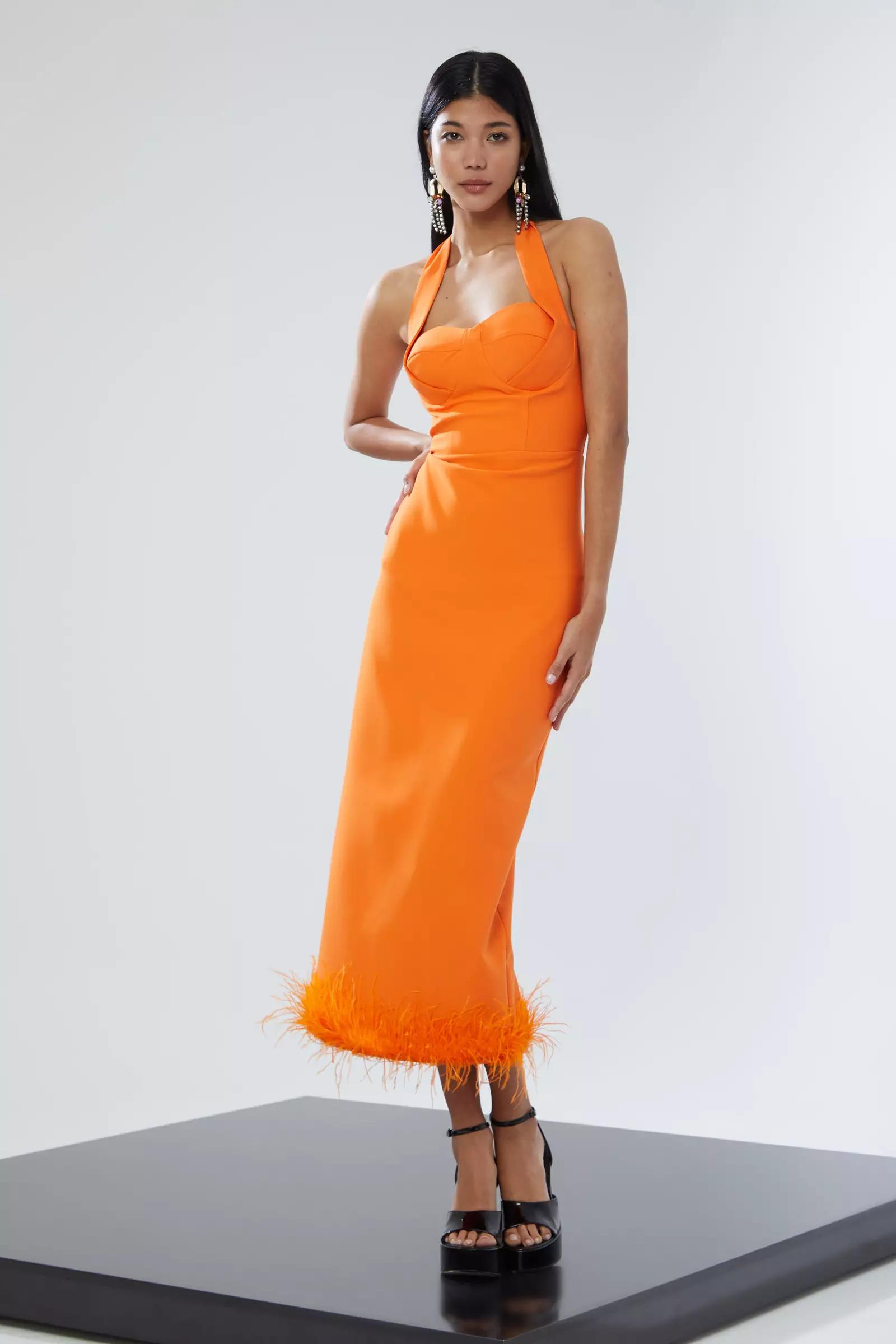 Orange crepe sleeveless midi dress