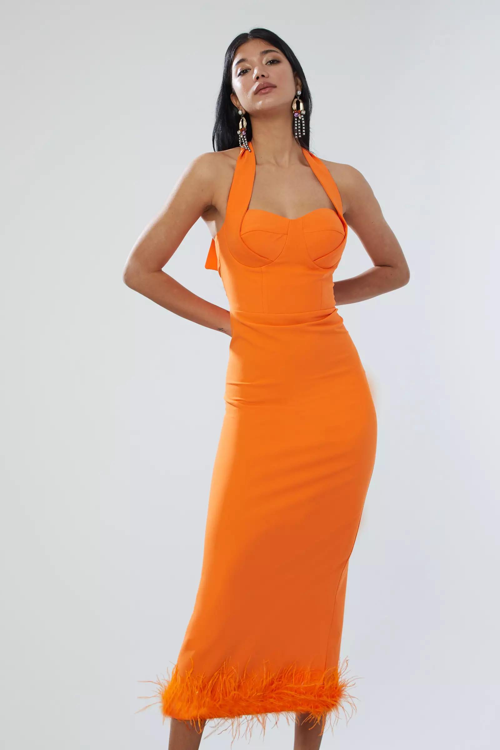 Orange crepe sleeveless midi dress