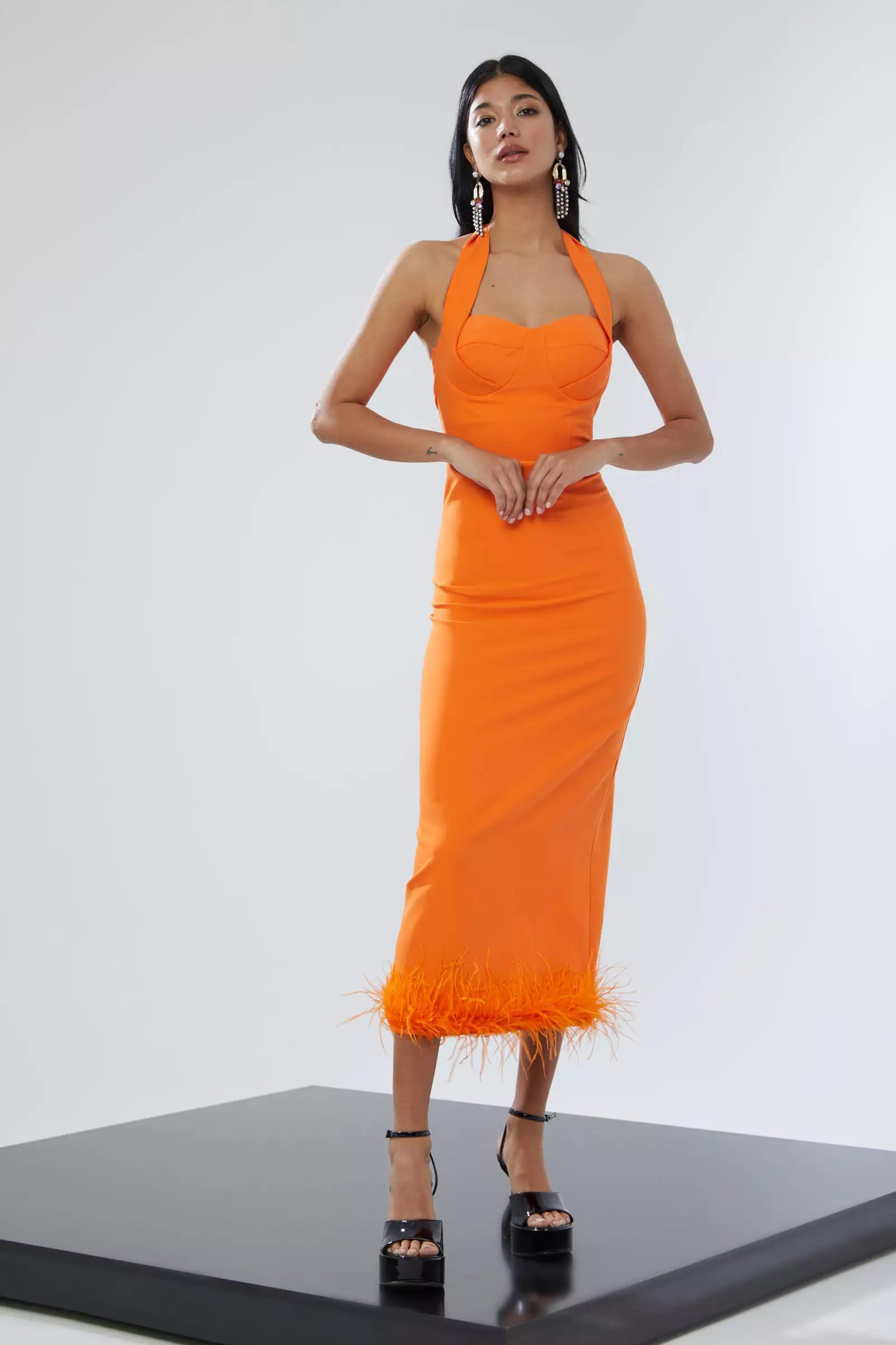 Orange crepe sleeveless midi dress