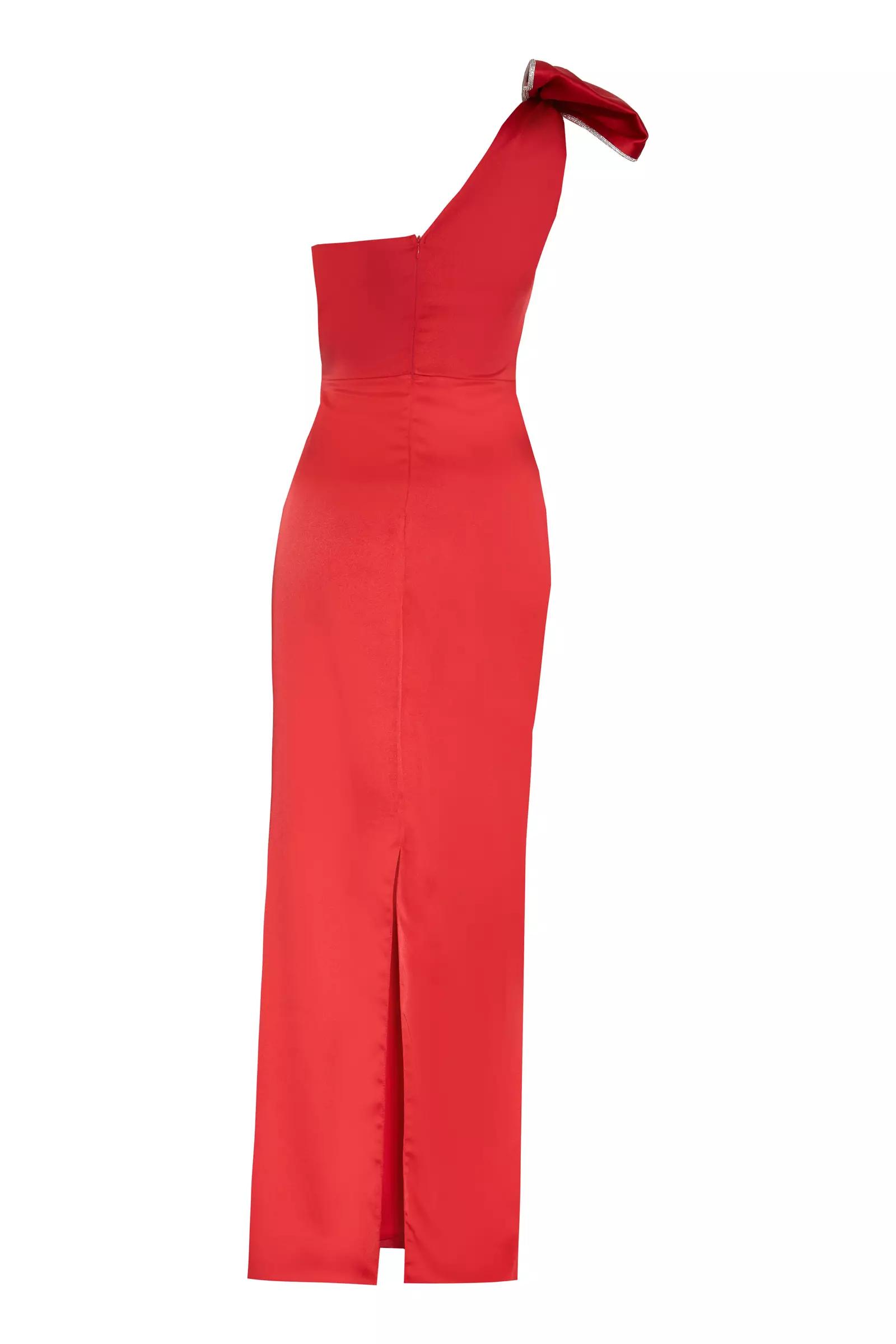 Red satin one arm maxi dress