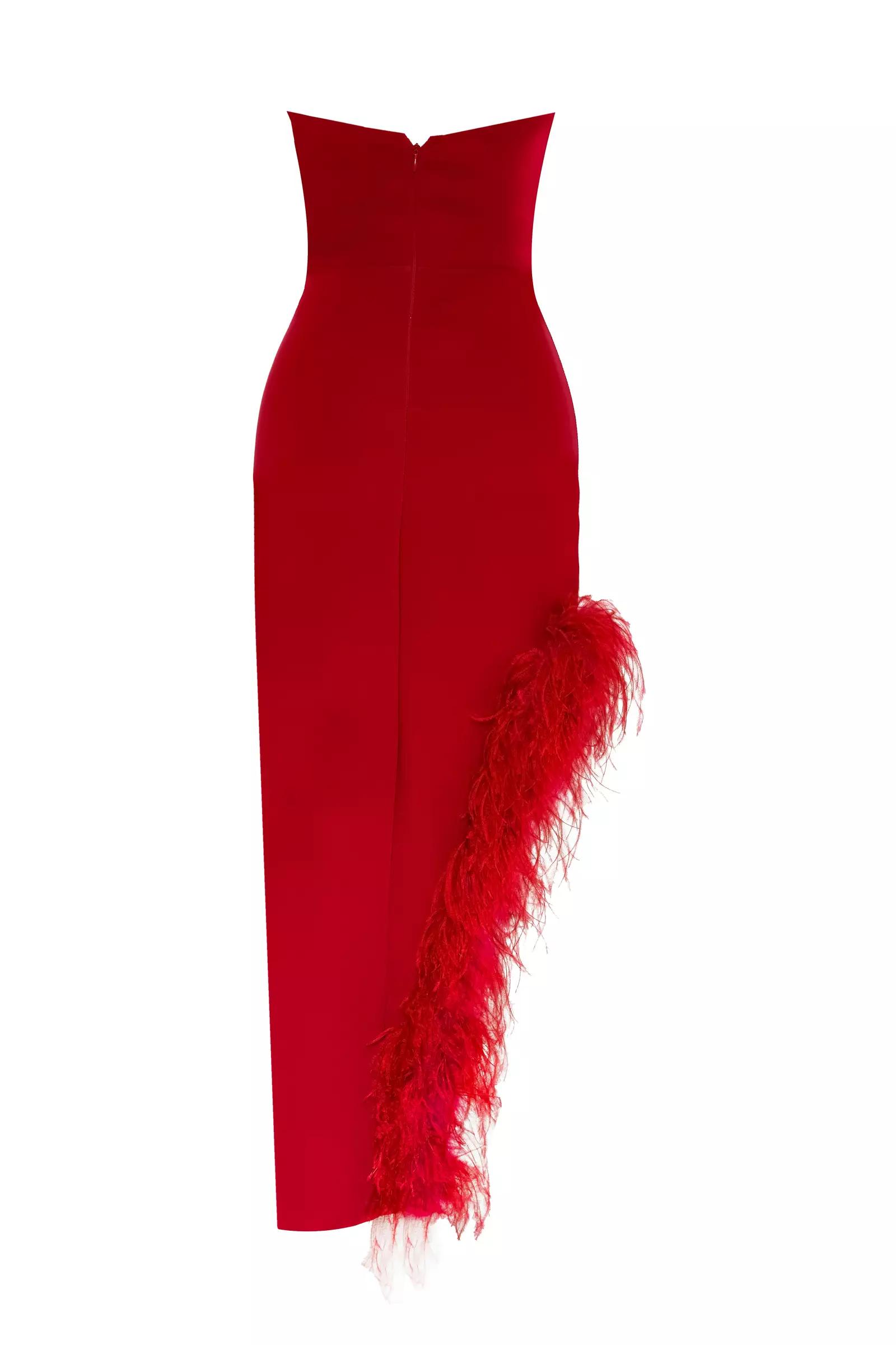 Red crepe strapless long dress