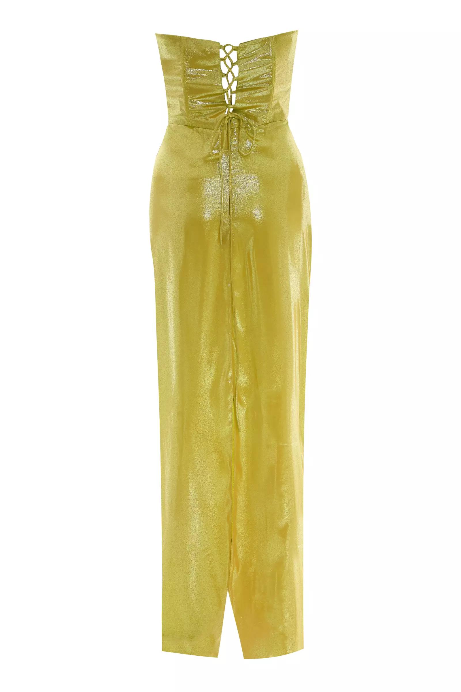 Pistachio green leather strapless maxi dress