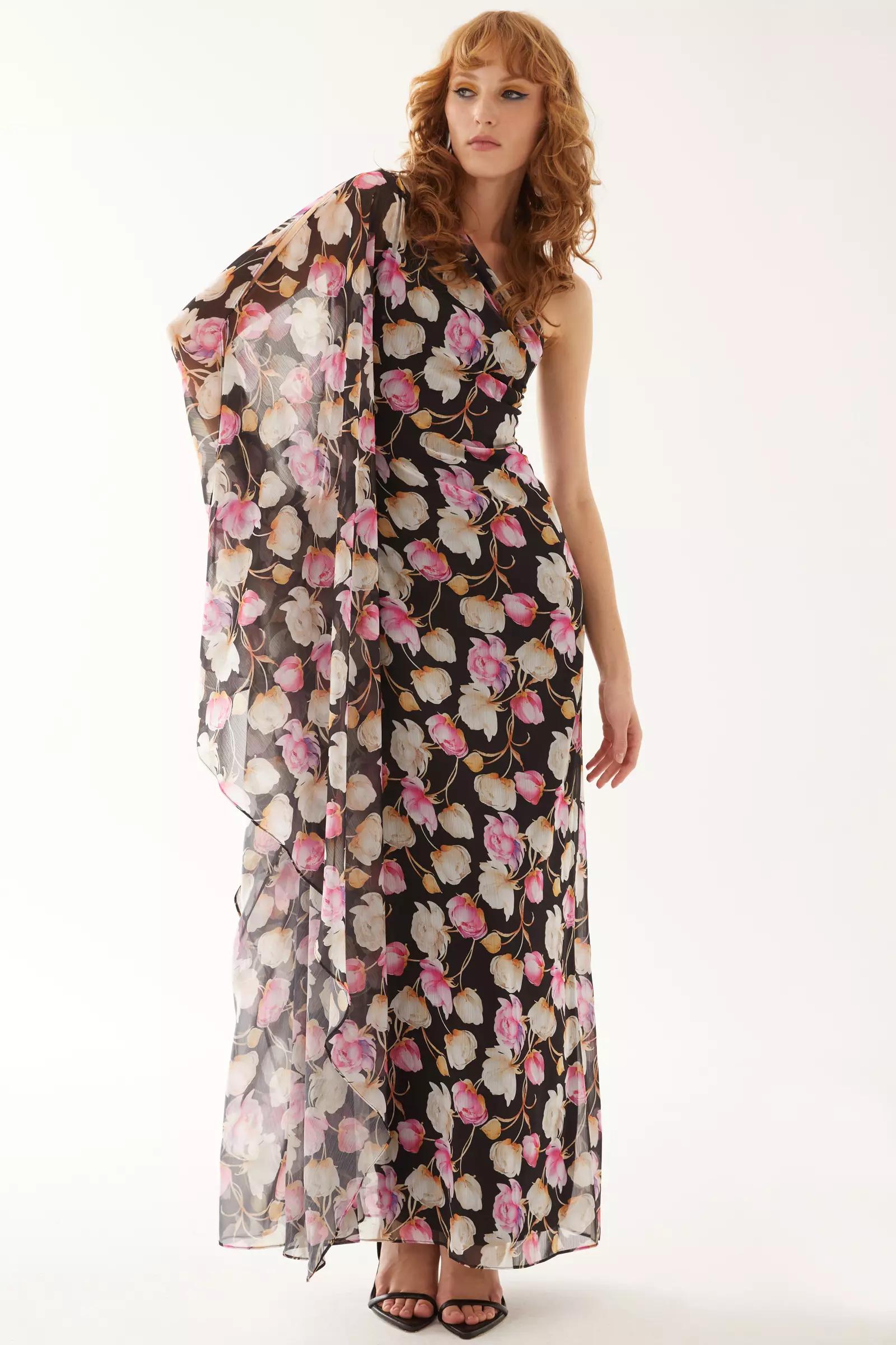 Printed sifon one arm maxi dress