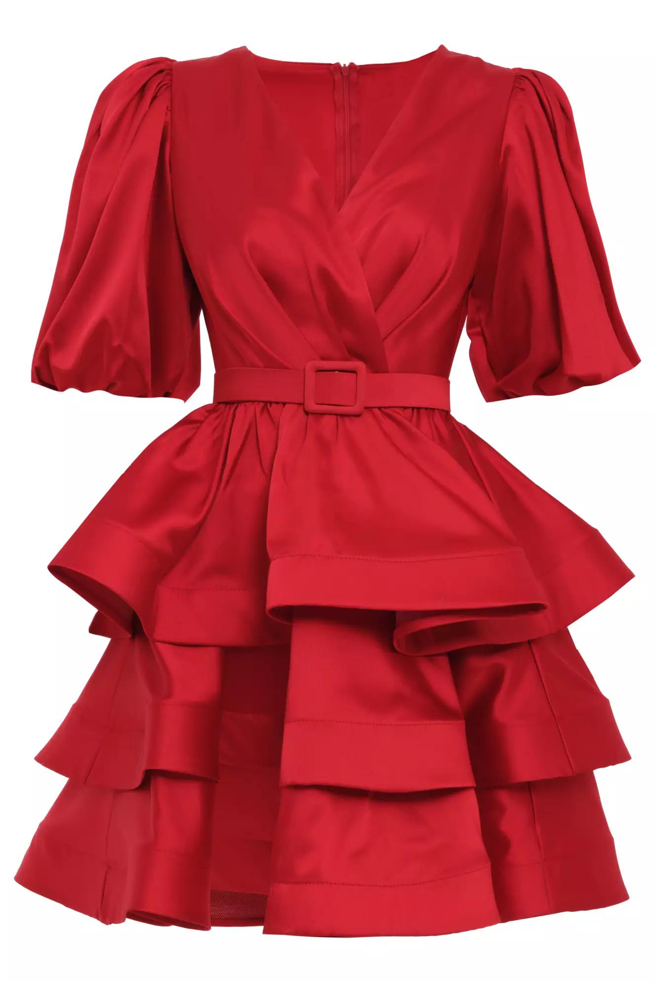 Red satin kapri kol mini dress