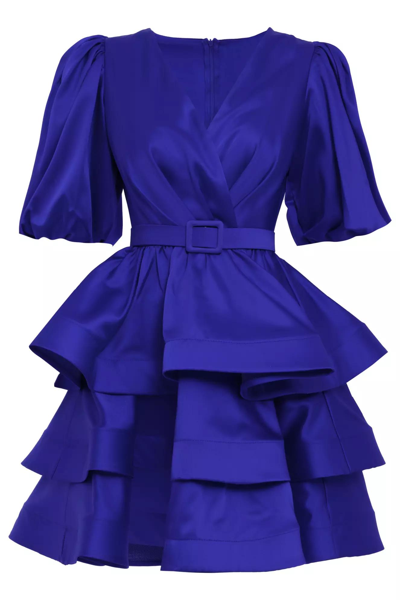 Blue satin kapri kol mini dress