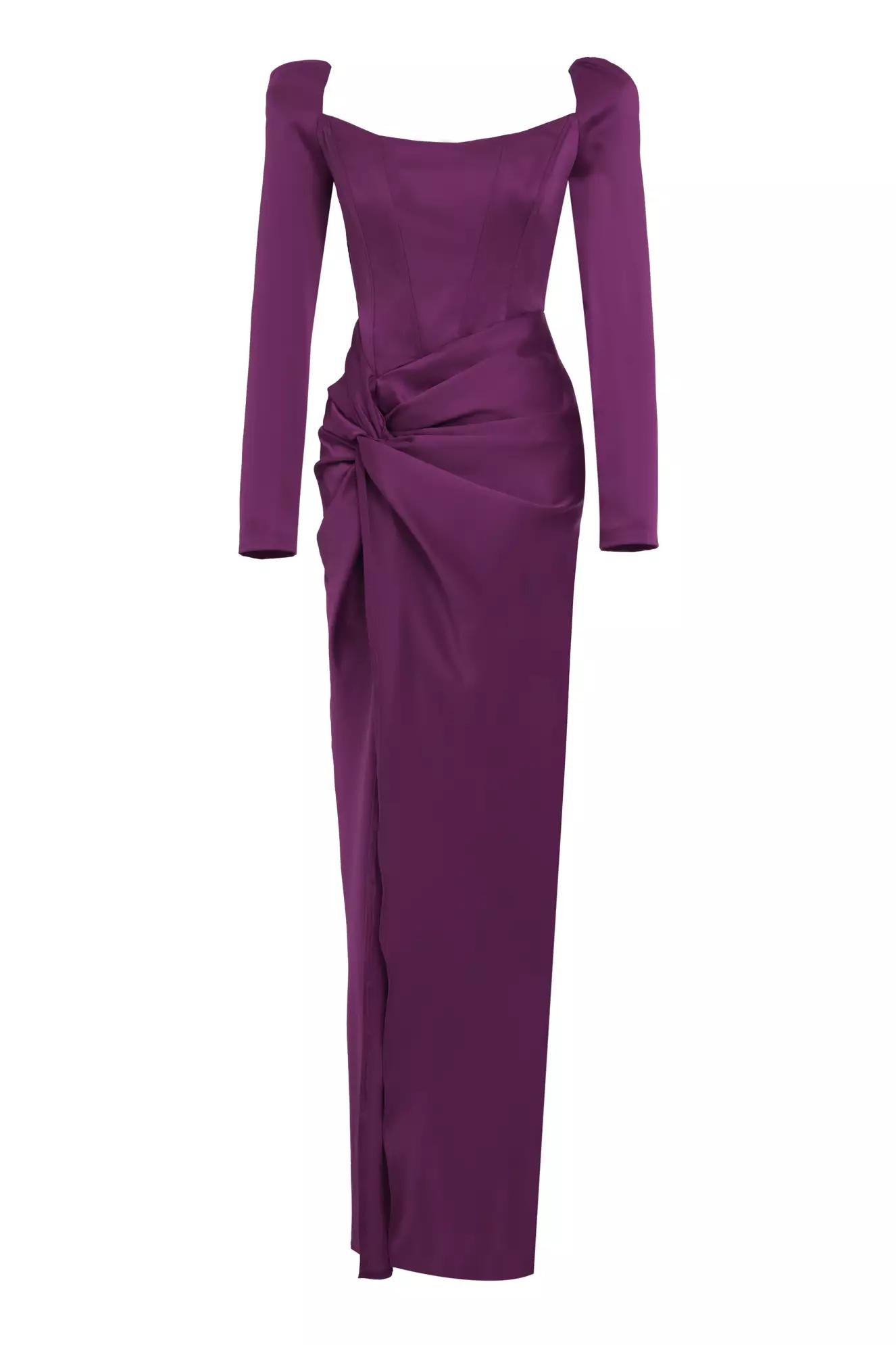 Purple satin long sleeve long dress