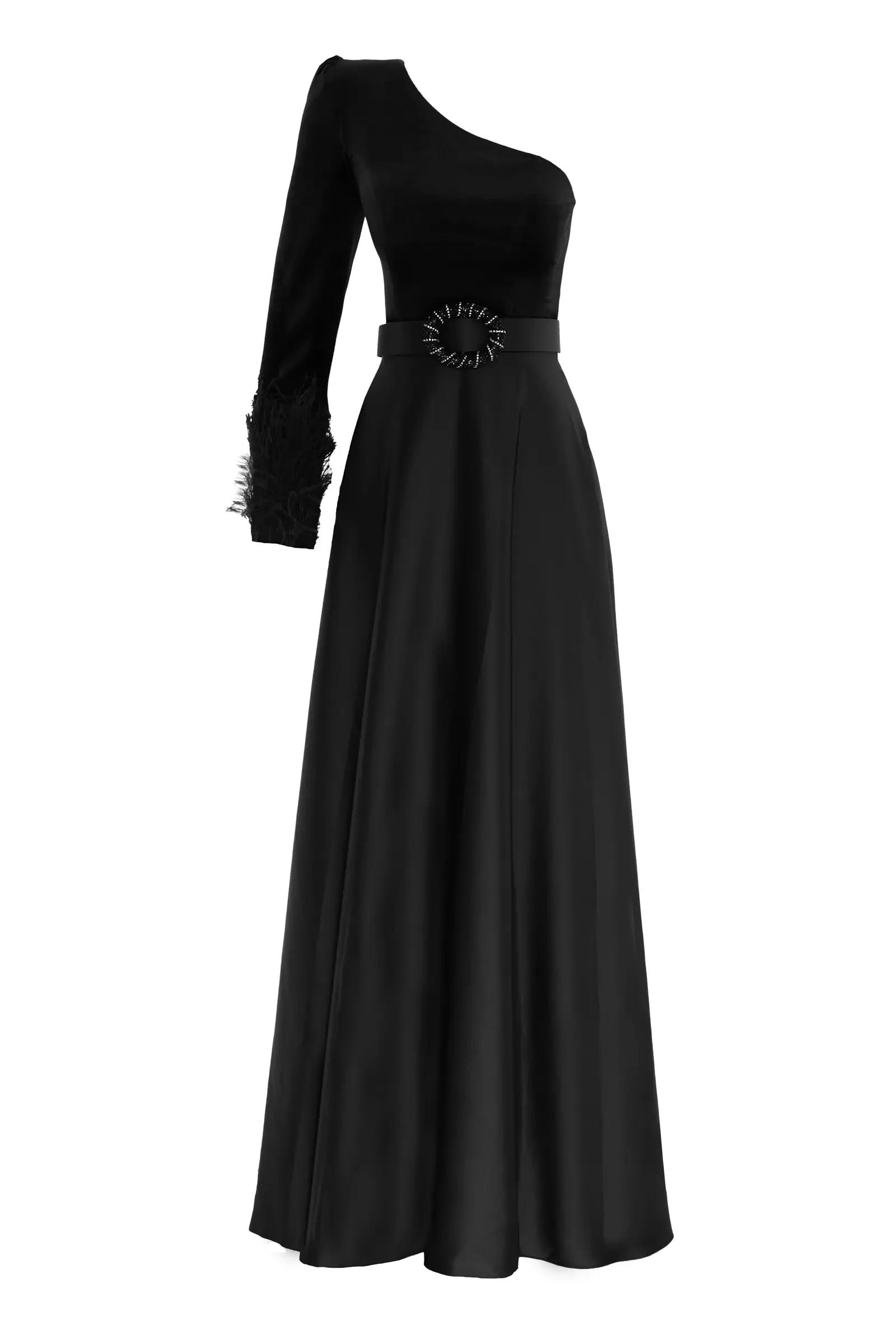 Black velvet one arm maxi dress